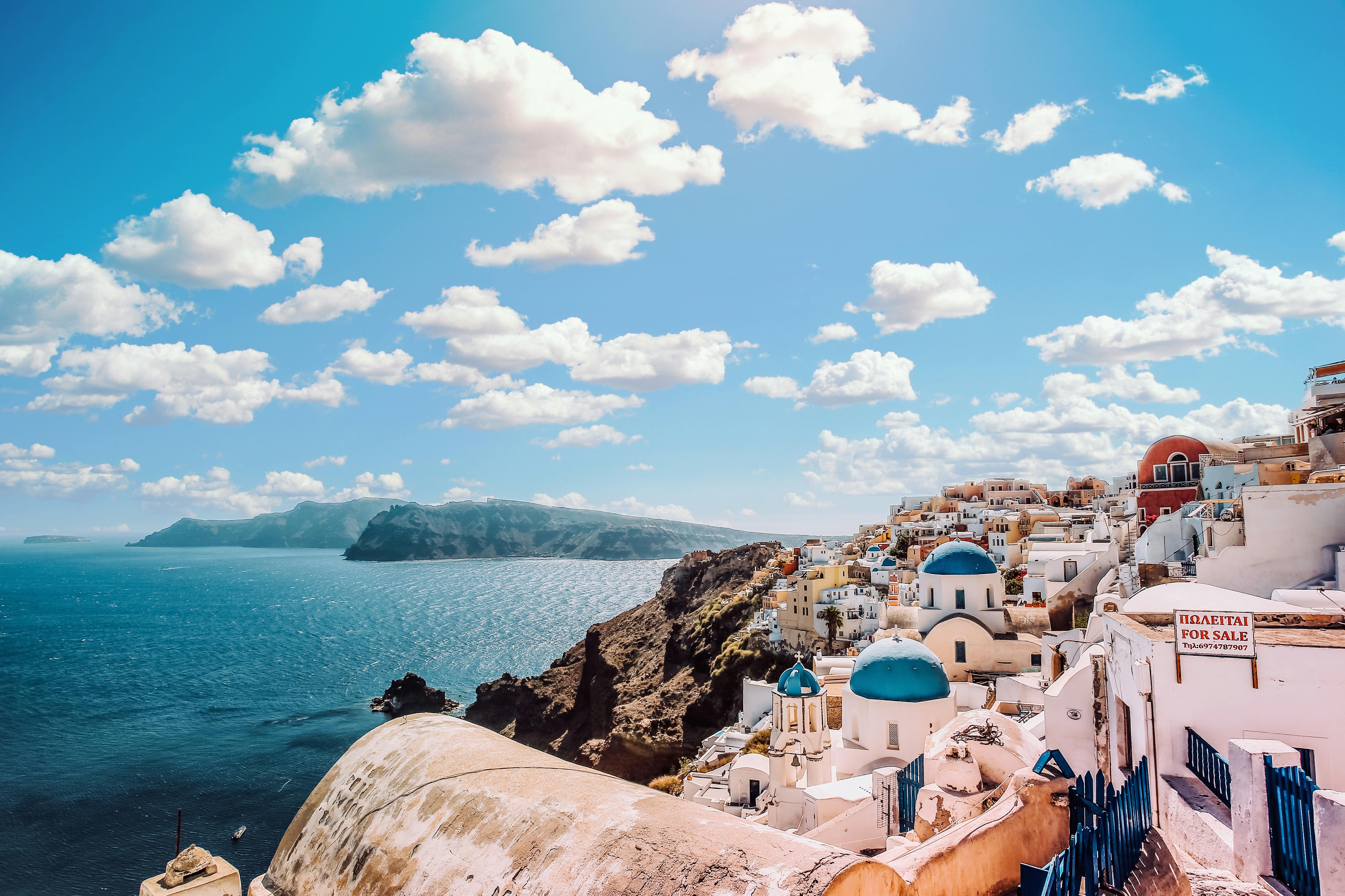Santorini sunset view with whitewashed buildings